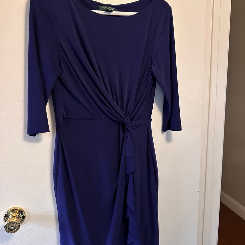 Ralph Lauren Blue Ruched Wrap Dress for Wedding Guest